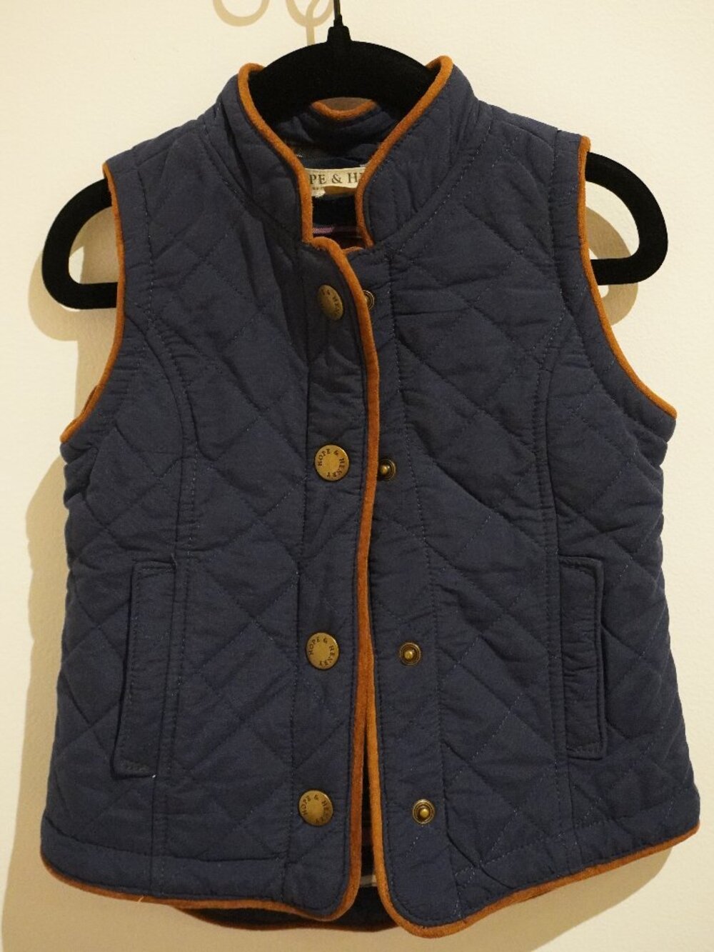 Hope & Henry Quilted Riding Vest 2T Navy Brass Snap Closure Brown Piping